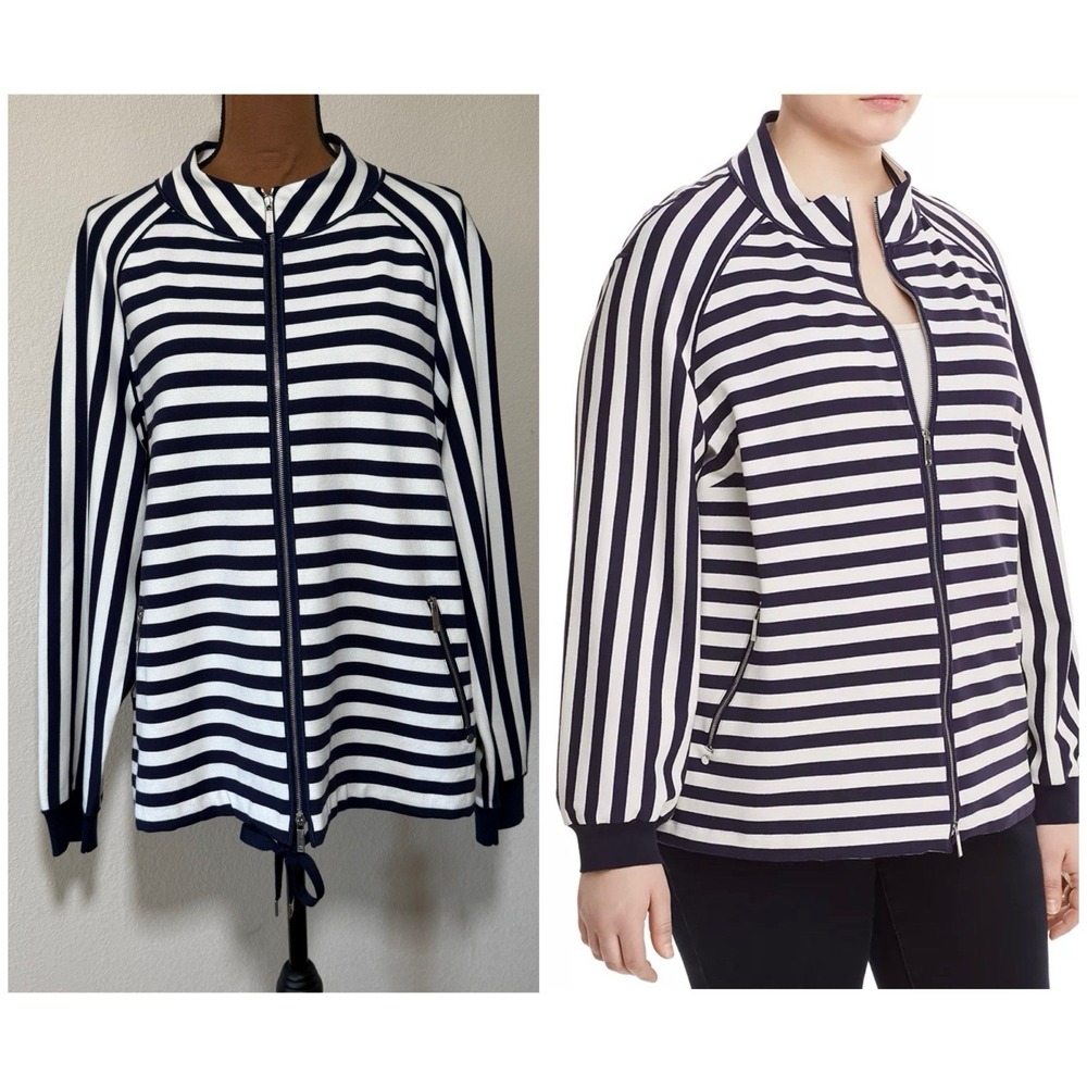 Lafayette 148 NY Two-Way Zipper Blue/White Striped Jacket Sz XL Pockets Nautical